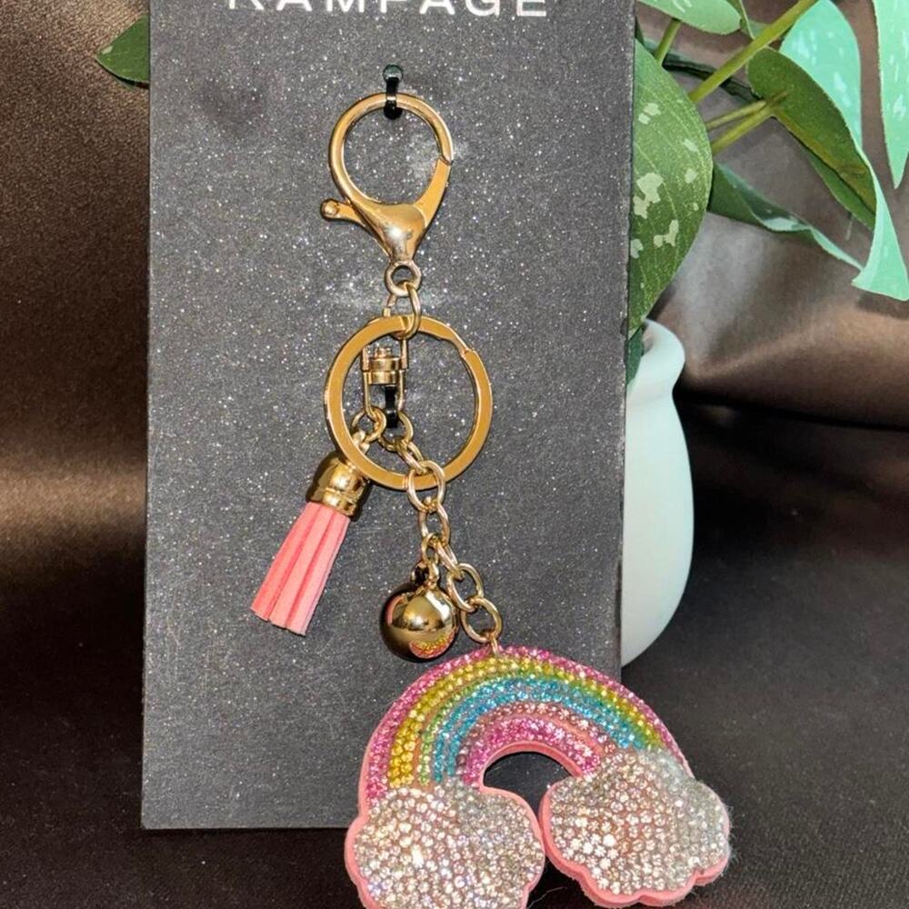 Rampage rainbow keychain with glittery rainbow and clouds